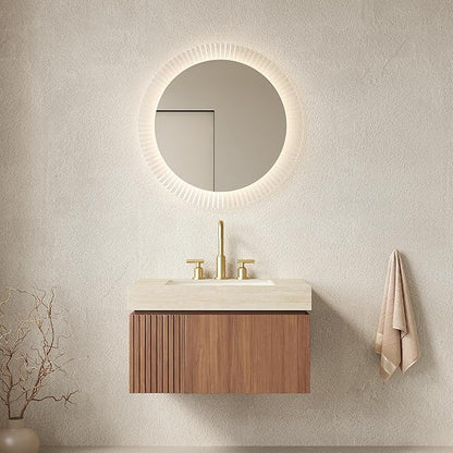 KEIKI 30 Inch Floating Bathroom Vanity with Sink, Modern Wall Mounted Storage Cabinet with Drawer, Pre-assembled Waterproof Wood Panels, Sintered Stone Top & Ceramic Basin Combo Set, Brown Oak & Beige
