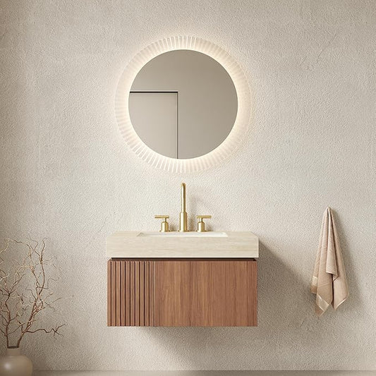 KEIKI 30 Inch Floating Bathroom Vanity with Sink, Modern Wall Mounted Storage Cabinet with Drawer, Pre-assembled Waterproof Wood Panels, Sintered Stone Top & Ceramic Basin Combo Set, Brown Oak & Beige