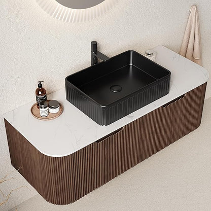 48'' Bathroom Vanities Cabinet with Sink, Wall Mounted Floating Cabinet W/Curved Edges Stripes, Oak Plywood, Soft-Close System with 2 Drawer, Black Rectangular Ceramic Basin - Kiel, Dark Walnut/B