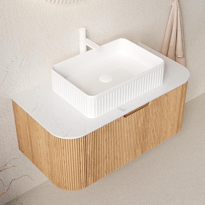 36'' Bathroom Vanities Cabinet with Sink, Wall Mounted Floating Cabinet W/Curved Edges Stripes, Oak Plywood, Soft-close System with a Drawer, White Rectangular Ceramic Basin - Kiel, Natural Wood/W