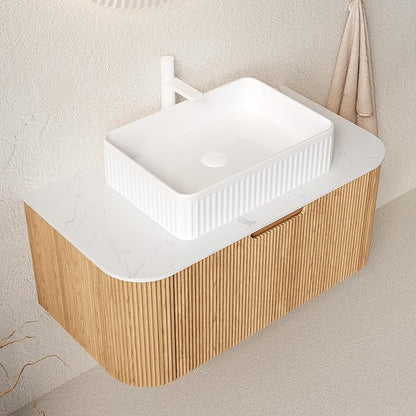 36'' Bathroom Vanities Cabinet with Sink, Wall Mounted Floating Cabinet W/Curved Edges Stripes, Oak Plywood, Soft-close System with a Drawer, White Rectangular Ceramic Basin - Kiel, Natural Wood/W
