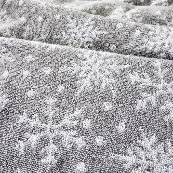 SKL Home Winter/Christmas Scattered Snowflakes Hand Towel Set-2pc, Gray | 100% Cotton. 500 GSM. Soft & absorbent. Reversible jacquard pattern. Great for use in the bathroom, kitchen or bar & gifting.
