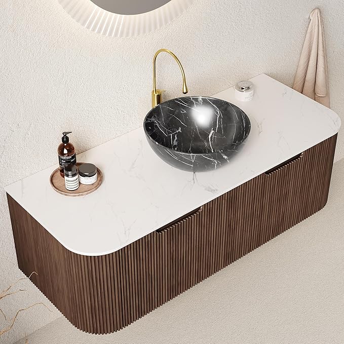 48'' Bathroom Vanities Cabinet with Sink Combo, Wall Mounted Floating Cabinet W/Curved Edges Stripes, Oak Plywood, Soft-Close System with 2 Drawer & Black Bowl Ceramic Basin - Kiel, Dark Walnut/R