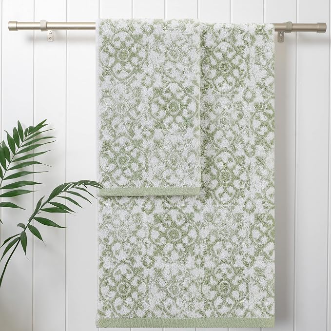 Jessica Simpson – Bath Towel 4 Piece Set, Aziza, Premium Bathroom Décor, Includes 2 Hand Towels and 2 Shower Towels, 100% Cotton & Machine Washable, Frosty Green