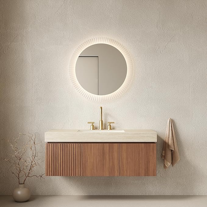 KEIKI 48 Inch Floating Bathroom Vanity with Sink, Modern Wall Mounted Storage Cabinet with Drawer, Pre-assembled Waterproof Wood Panels, Sintered Stone Top & Ceramic Basin Combo Set, Brown Oak & Beige