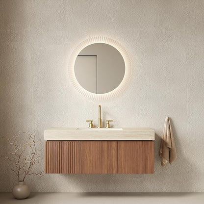 KEIKI 48 Inch Floating Bathroom Vanity with Sink, Modern Wall Mounted Storage Cabinet with Drawer, Pre-assembled Waterproof Wood Panels, Sintered Stone Top & Ceramic Basin Combo Set, Brown Oak & Beige