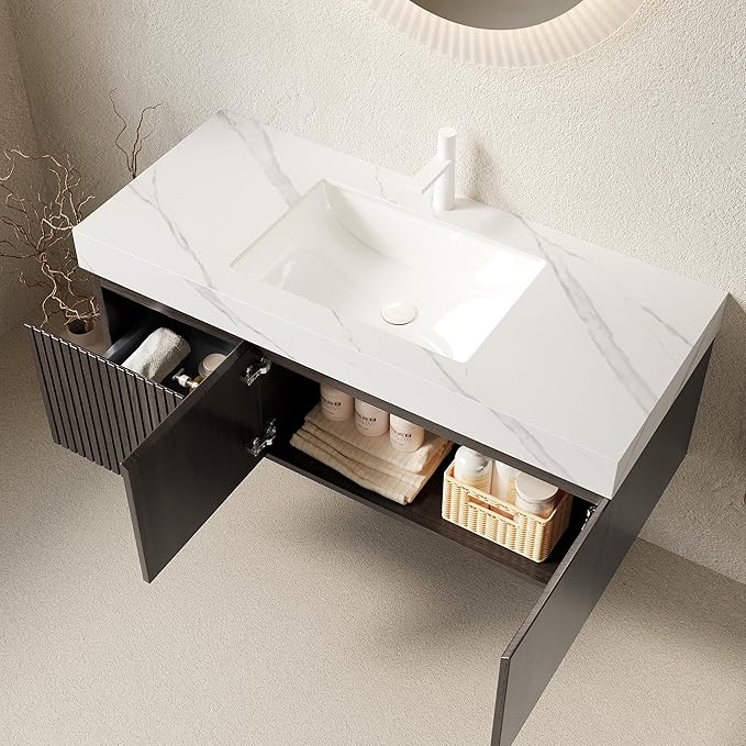 Ambrovina 48 inch Floating Bathroom Vanity with Sink, Plywood Storage Vanities with Drawer and 2 Doors, Carrara White Sintered Stone Top and Ceramic Basin, Pre-Assembled Cabinet, Espresso Woodgrain