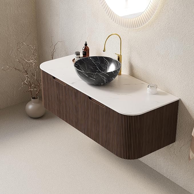 48'' Bathroom Vanities Cabinet with Sink Combo, Wall Mounted Floating Cabinet W/Curved Edges Stripes, Oak Plywood, Soft-Close System with 2 Drawer & Black Bowl Ceramic Basin - Kiel, Dark Walnut/R