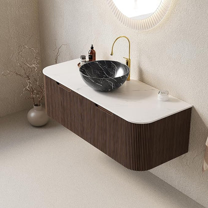 48'' Bathroom Vanities Cabinet with Sink Combo, Wall Mounted Floating Cabinet W/Curved Edges Stripes, Oak Plywood, Soft-Close System with 2 Drawer & Black Bowl Ceramic Basin - Kiel, Dark Walnut/R
