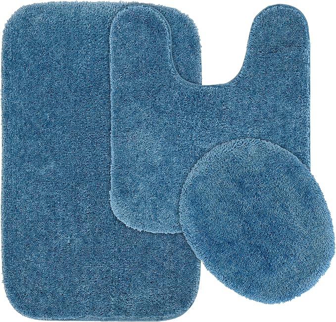 Garland Rug Traditional Nylon Washable Basin Blue 3 Piece Set - Lid, Contour, Bath Rug - Soft, Absorbent, and Stylish for Your Bathroom