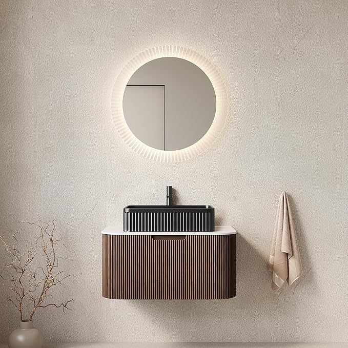 Yayzy 30" Floating Bathroom Vanity with Sink, Solid Wood Fluted Cabinet, Black Fluted Square Ceramic Basin & Faux Marble Top, Soft-Close Drawer, Pre-Assembled, Walnut Woodgrain