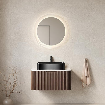 Yayzy 30" Floating Bathroom Vanity with Sink, Solid Wood Fluted Cabinet, Black Fluted Oval Ceramic Basin & Faux Marble Top, Soft-Close Drawer, Pre-Assembled, Walnut Woodgrain