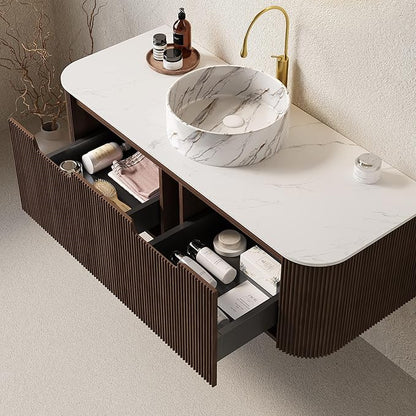 LKTART 48 Inch Floating Bathroom Vanity with Sink, Modern Wall Mounted Bathroom Storage Cabinet with Drawer, Stone Pattern Round White Ceramic Sink Top and Marble Texture Top, Walnut