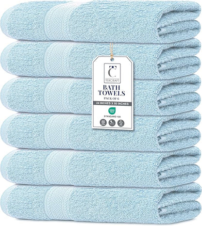 Large Bath Towels Set of 6 – 100% Cotton Terry – 24" x 50" – Quick Dry, Soft & Highly Absorbent – Sky Blue Towels for Bathroom, Gym, Spa, Pool & Daily Use