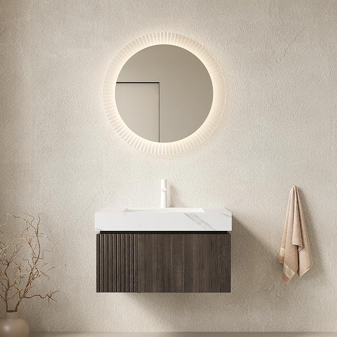 KEIKI 30 Inch Floating Bathroom Vanity with Sink, Espresso & White | Modern Wall Mounted Storage Cabinet w/ Drawer & Door, Pre-assembled Wood Panels, Sintered Stone Top & Ceramic Basin Combo Set