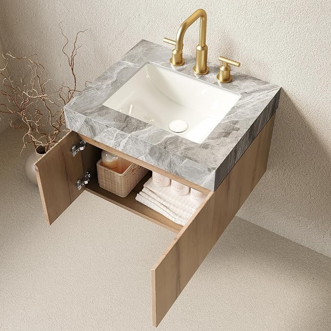 KEIKI 24 Inch Floating Bathroom Vanity with Sink, White Oak & Grey | Modern Wall Mounted Storage Cabinet with 2 Doors, Pre-assembled Wood Panels, Sintered Stone Top & Ceramic Basin Combo Set