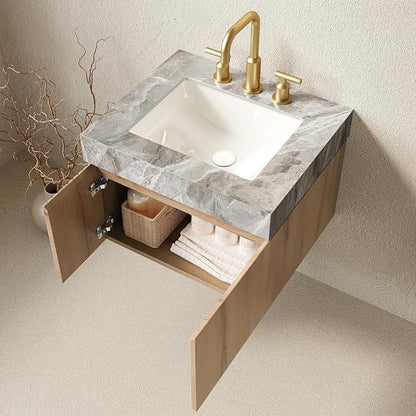 KEIKI 24 Inch Floating Bathroom Vanity with Sink, White Oak & Grey | Modern Wall Mounted Storage Cabinet with 2 Doors, Pre-assembled Wood Panels, Sintered Stone Top & Ceramic Basin Combo Set