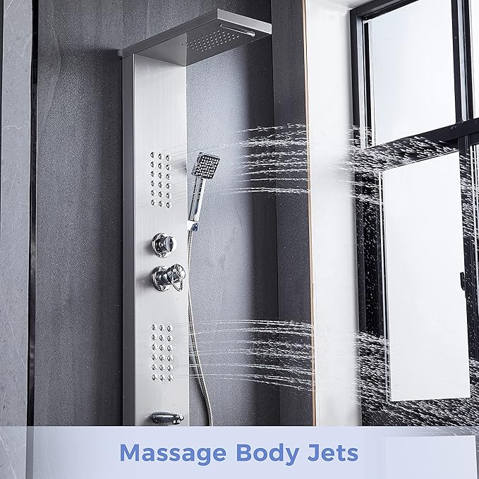 Delavin Stainless Steel Shower Panel Tower System, Wall-Mount Complete Shower Panel with Rainfall Waterfall Shower Head, Massage Body Jets, Tub Spout, Handheld Shower, Brushed Nickel