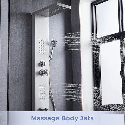 Delavin Stainless Steel Shower Panel Tower System, Wall-Mount Complete Shower Panel with Rainfall Waterfall Shower Head, Massage Body Jets, Tub Spout, Handheld Shower, Brushed Nickel