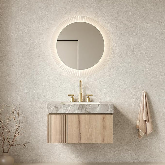 KEIKI 30 Inch Floating Bathroom Vanity with Sink, Modern Wall Mounted Storage Cabinet with Drawer, Pre-Assembled Waterproof Wood Panels, Sintered Stone Top & Ceramic Basin Combo Set, White Oak & Grey
