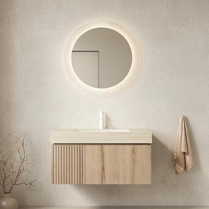 KEIKI 36 Inch Floating Bathroom Vanity with Sink, Modern Wall Mounted Storage Cabinet with Drawer, Pre-assembled Waterproof Wood Panels, Sintered Stone Top & Ceramic Basin Combo Set, White Oak & Beige