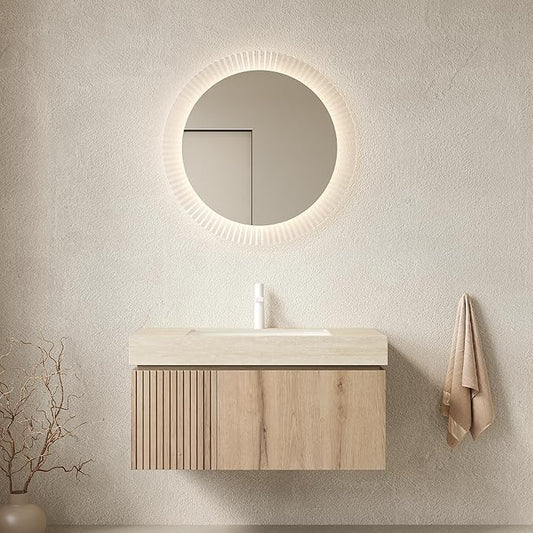 KEIKI 36 Inch Floating Bathroom Vanity with Sink, Modern Wall Mounted Storage Cabinet with Drawer, Pre-assembled Waterproof Wood Panels, Sintered Stone Top & Ceramic Basin Combo Set, White Oak & Beige