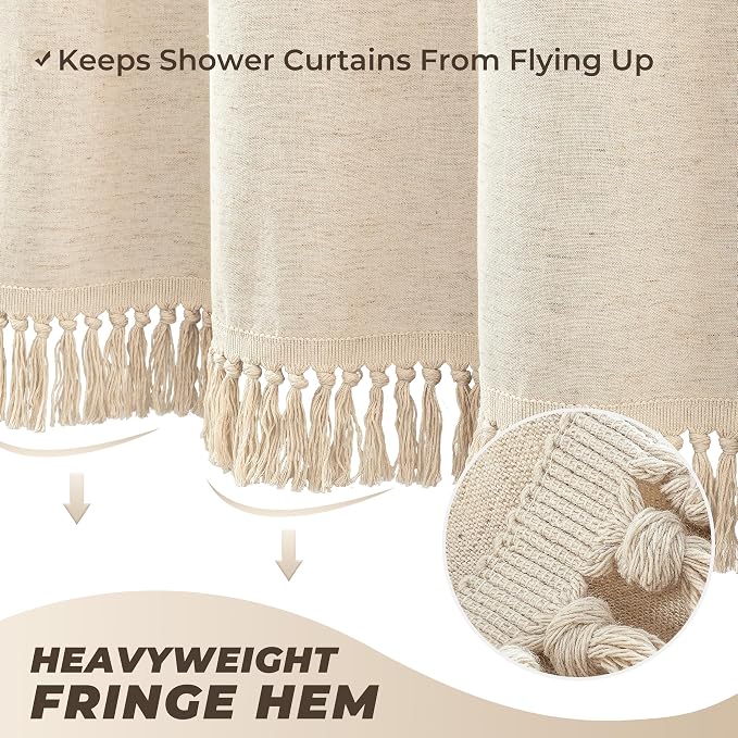 Linen Shower Curtain Boho Beige Shower Curtain with Tassels 72"W x 72"L | Thick linen-poly blend, soft textured drape, handcrafted fringe, neutral rustic farmhouse bathroom decor