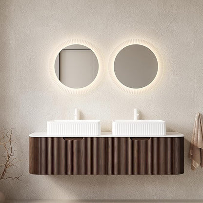 Yayzy 60" Floating Bathroom Vanity with Sink, Solid Wood Fluted Cabinet, White Fluted Square Ceramic Basin & Faux Marble Top, Soft-Close Drawer, Pre-Assembled, Walnut Woodgrain