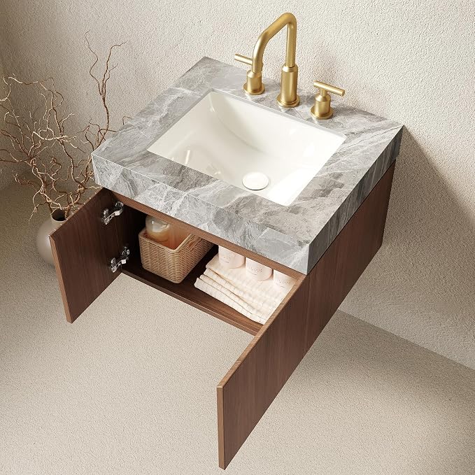 KEIKI 24 Inch Floating Bathroom Vanity with Sink, Brown Oak & Grey | Modern Wall Mounted Storage Cabinet with 2 Doors, Pre-assembled Wood Panels, Sintered Stone Top & Ceramic Basin Combo Set