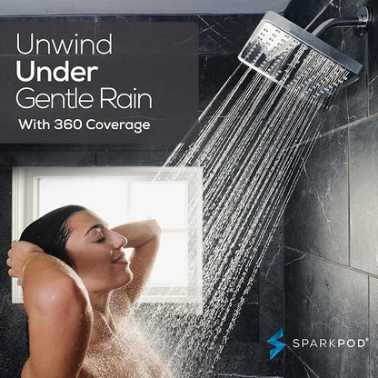 SparkPod Rain Shower Head, 8 Inch Square, Luxury Polished Chrome Finish | High Pressure Shower Heads, 90 Nozzles, Adjustable Showerhead, No Tools Needed, Universal Connection