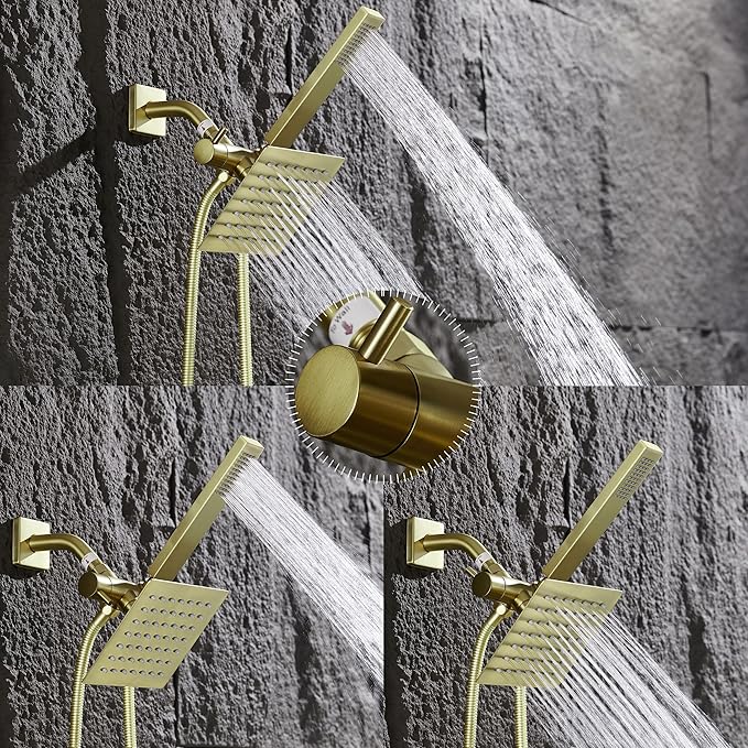 Brushed Gold Shower Fixtures - Dual shower Heads with Handheld Spray Combo, All Metal 6" Dual Head & 3-Way Diverter.