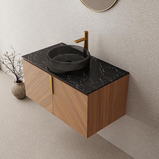 LKTART 36 Inch Bathroom Vanity with Sink, Modern Wall Mounted Bathroom Sink with 2 Doors, Black Sintered Stone Countertop and Black Round Glass Basin, Brown