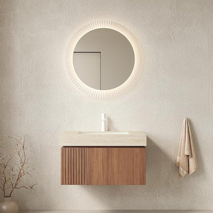 KEIKI 30 Inch Floating Bathroom Vanity with Sink, Modern Wall Mounted Storage Cabinet with Drawer, Pre-assembled Waterproof Wood Panels, Sintered Stone Top & Ceramic Basin Combo Set, Brown Oak & Beige