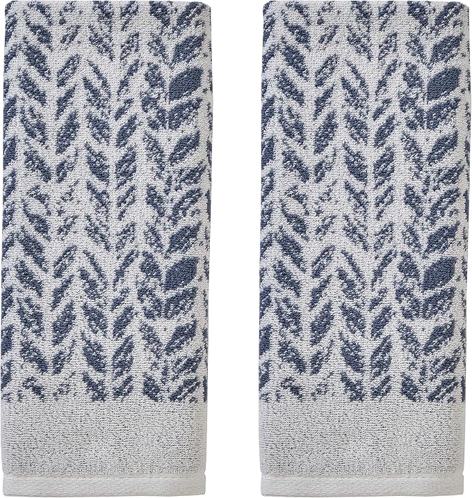 SKL Home Distressed Leaves Hand Towel Set-2pc, Turkish Cotton, Denim Blue | 600 GSM weight. Spa-level quality. Soft & absorbent, reversible jacquard. For the bathroom, kitchen, bar or any sink space.