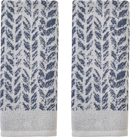SKL Home Distressed Leaves Hand Towel Set-2pc, Turkish Cotton, Denim Blue | 600 GSM weight. Spa-level quality. Soft & absorbent, reversible jacquard. For the bathroom, kitchen, bar or any sink space.