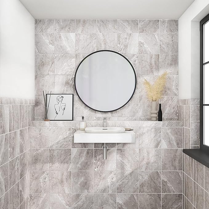Daltile Perpetuo 12" x 12" Marble Look Porcelain Floor Tile in Polished Eternal Grey for Kitchen, Bathroom, Living Room Floors | (13 PC Per Carton) (12.22 SQFT Per Carton)