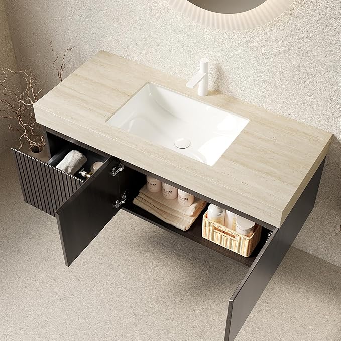 Ambrovina 48 inch Floating Bathroom Vanity with Sink, Wall Mounted Storage Vanities with Drawer and 2 Doors, Roma Travertine-Pattern Countertop and Ceramic Basin, Pre-Assembled, Espresso Woodgrain