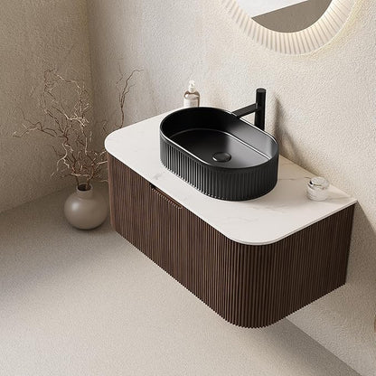 Yayzy 36" Floating Bathroom Vanity with Sink, Solid Wood Fluted Cabinet, Black Fluted Oval Ceramic Basin & Faux Marble Top, Soft-Close Drawer, Pre-Assembled, Walnut Woodgrain