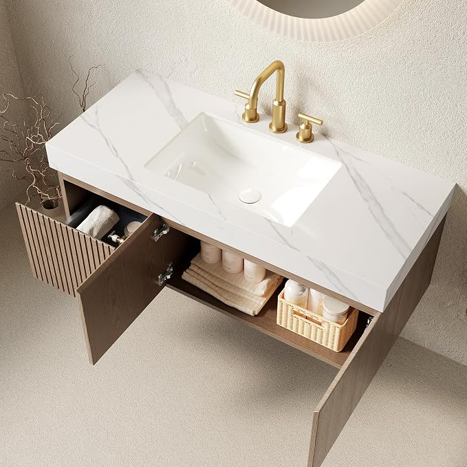 KEIKI 48 Inch Floating Bathroom Vanity with Sink, Light Brown & White | Modern Wall Mounted Storage Cabinet w/ Drawer & Door, Pre-assembled Wood Panels, Sintered Stone Top & Ceramic Basin Combo Set