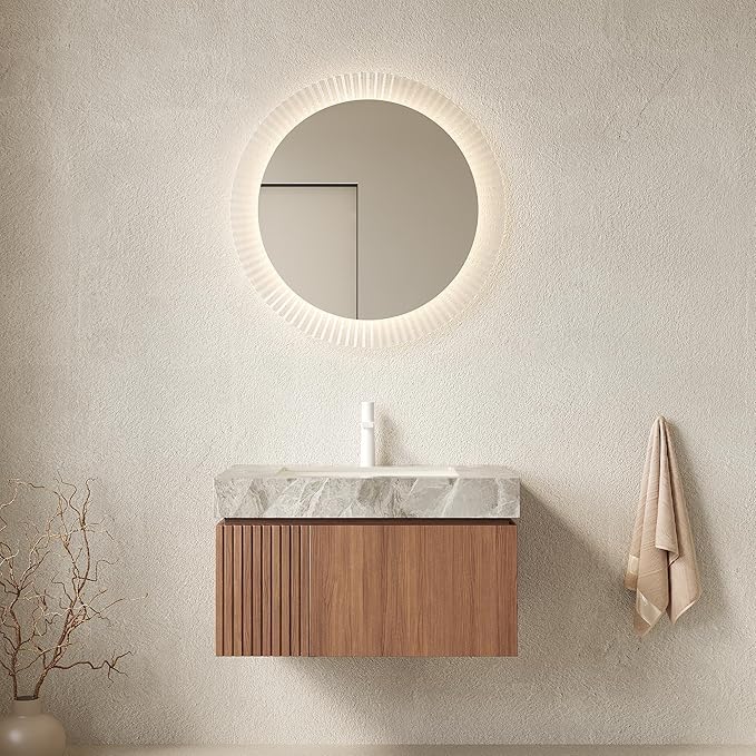 KEIKI 30 Inch Floating Bathroom Vanity with Sink, Modern Wall Mounted Storage Cabinet with Drawer, Pre-Assembled Waterproof Wood Panels, Sintered Stone Top & Ceramic Basin Combo Set, Brown Oak & Grey
