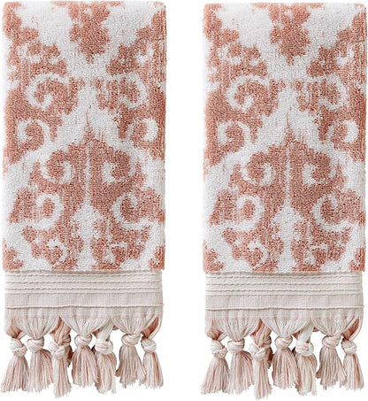SKL Home Mirage Fringe Hand Towel Set-2pc, 100% Turkish Cotton, Blush | 640 GSM weight. Spa-level quality. Soft & absorbent, reversible jacquard. For the bathroom, kitchen, bar or any sink space.
