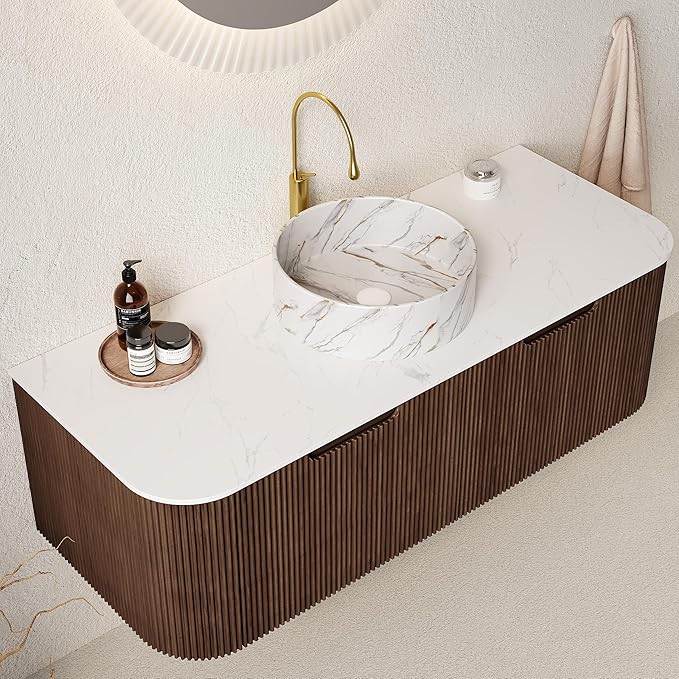 LKTART 48 Inch Floating Bathroom Vanity with Sink, Modern Wall Mounted Bathroom Storage Cabinet with Drawer, Stone Pattern Round White Ceramic Sink Top and Marble Texture Top, Walnut