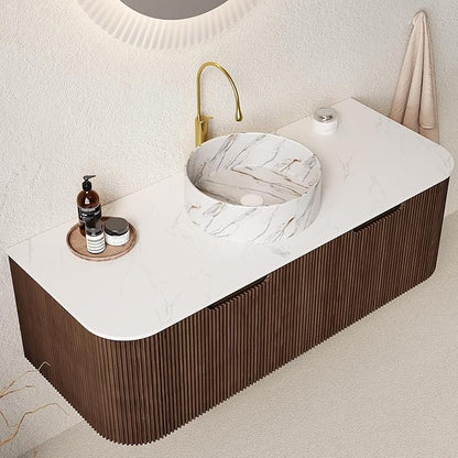 LKTART 48 Inch Floating Bathroom Vanity with Sink, Modern Wall Mounted Bathroom Storage Cabinet with Drawer, Stone Pattern Round White Ceramic Sink Top and Marble Texture Top, Walnut