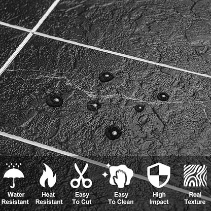 AULIGET Faux Stone Backsplash Peel and Stick PVC Tile, 3 Inch x 6 Inch Black Marble with White Grout Stick on Tiles for Backsplash, Pack of 4