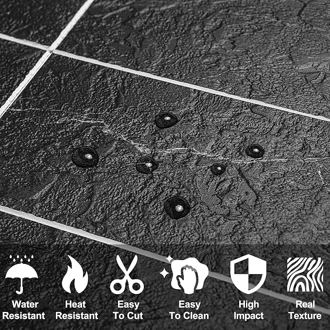 AULIGET 100 Piece Faux Stone Backsplash Peel and Stick PVC Tile, 3 Inch x 6 Inch Black Marble with White Grout Stick on Tiles for Backsplash Kitchen, Bathroom, Laundry Room, Camper, Fireplace