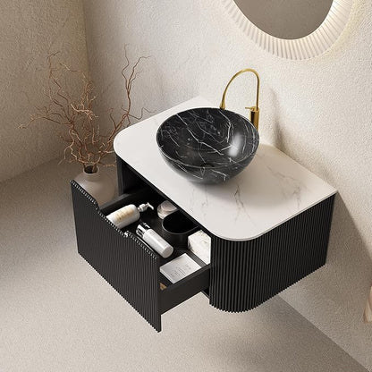 Yayzy 30" Floating Bathroom Vanity with Sink, Solid Wood Fluted Cabinet, White Marble-Patterned Ceramic Basin & Faux Marble Top, Soft-Close Drawer, Pre-Assembled, Gloss Black