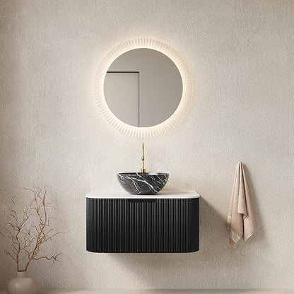 Yayzy 30" Floating Bathroom Vanity with Sink, Solid Wood Fluted Cabinet, White Marble-Patterned Ceramic Basin & Faux Marble Top, Soft-Close Drawer, Pre-Assembled, Gloss Black
