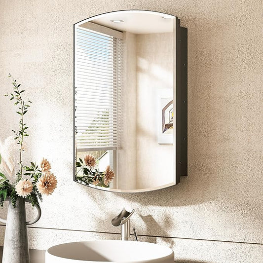 TokeShimi 16x26 Oval Medicine Cabinet with Mirror with Storage Black, Surface Mount or Recessed Medicine Cabinet Arched with Beveled Mirror Metal for Bathroom
