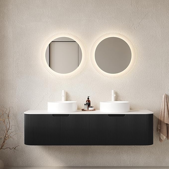 60'' Bathroom Vanities Cabinet with Sink, Wall Mounted Floating Cabinet W/Curved Edges Stripes, Oak Plywood, Soft-Close System with 2 Drawer & 2 White Round Ceramic Basin - Kiel, Black