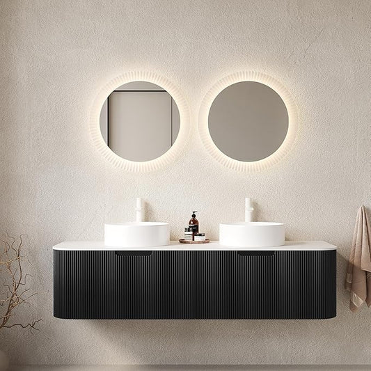60'' Bathroom Vanities Cabinet with Sink, Wall Mounted Floating Cabinet W/Curved Edges Stripes, Oak Plywood, Soft-Close System with 2 Drawer & 2 White Round Ceramic Basin - Kiel, Black
